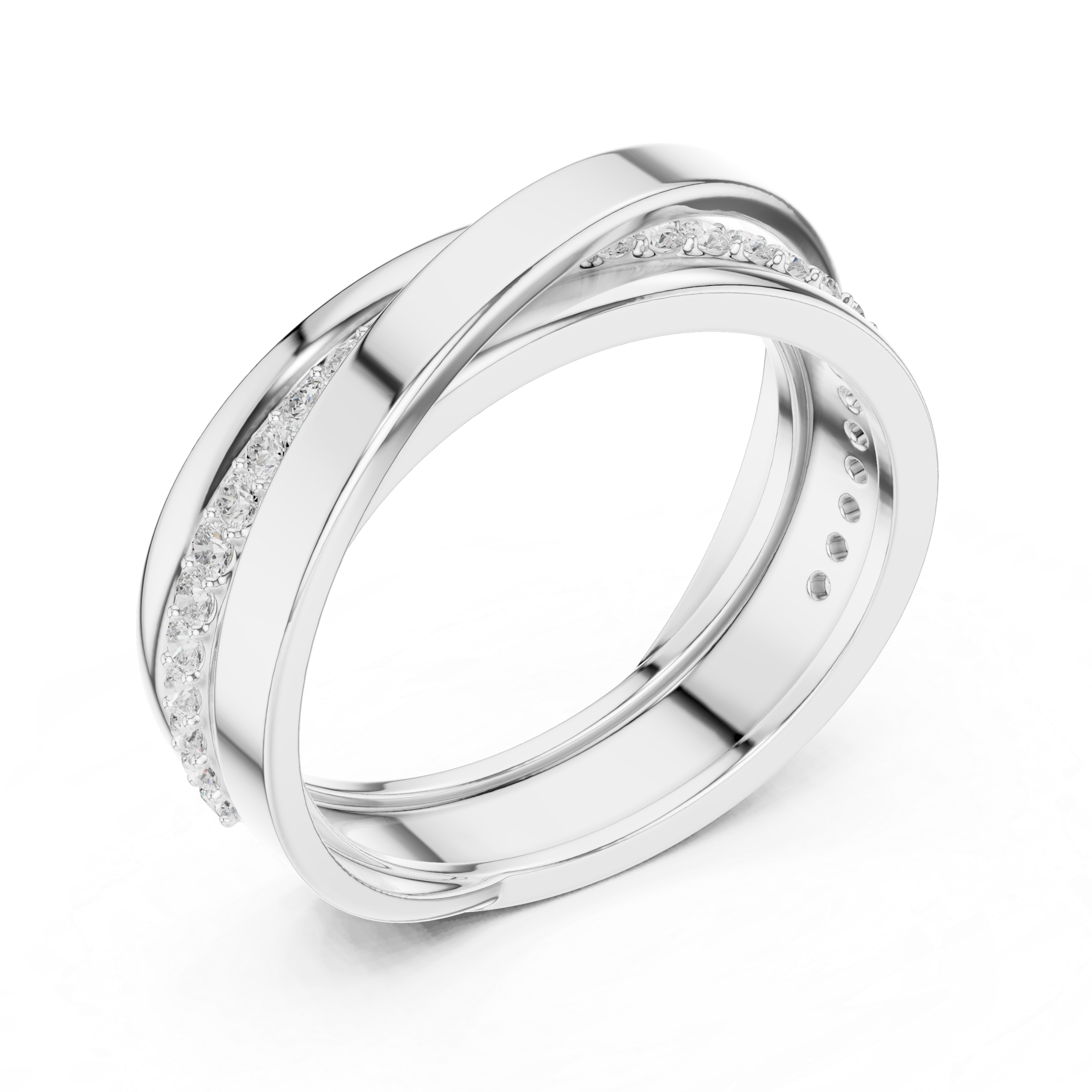 Round Diamond Cross Over Twist Band Ring with Pavé Detail