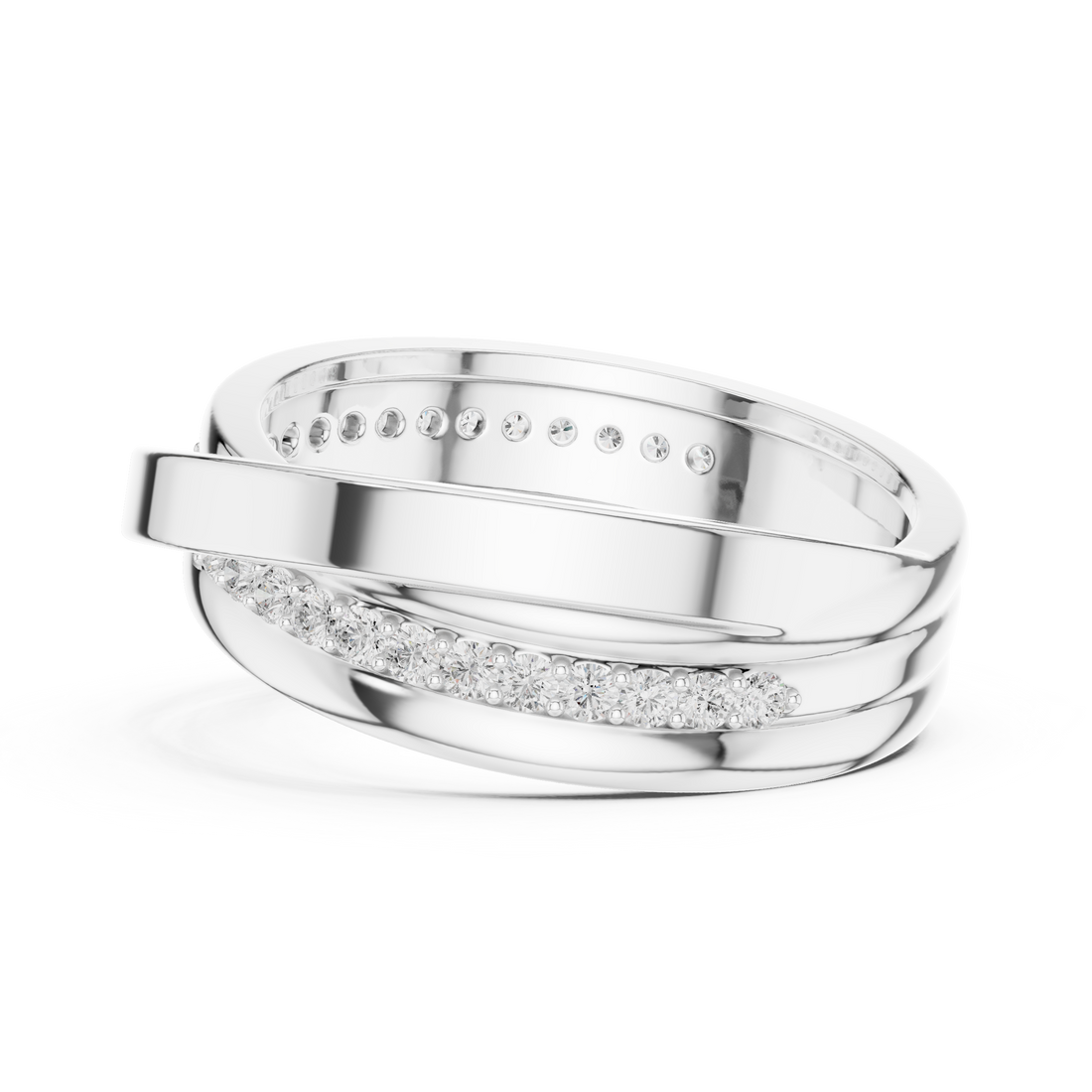 Round Diamond Cross Over Twist Band Ring with Pavé Detail