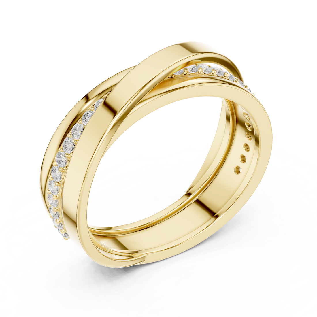 Round Diamond Cross Over Twist Band Ring with Pavé Detail