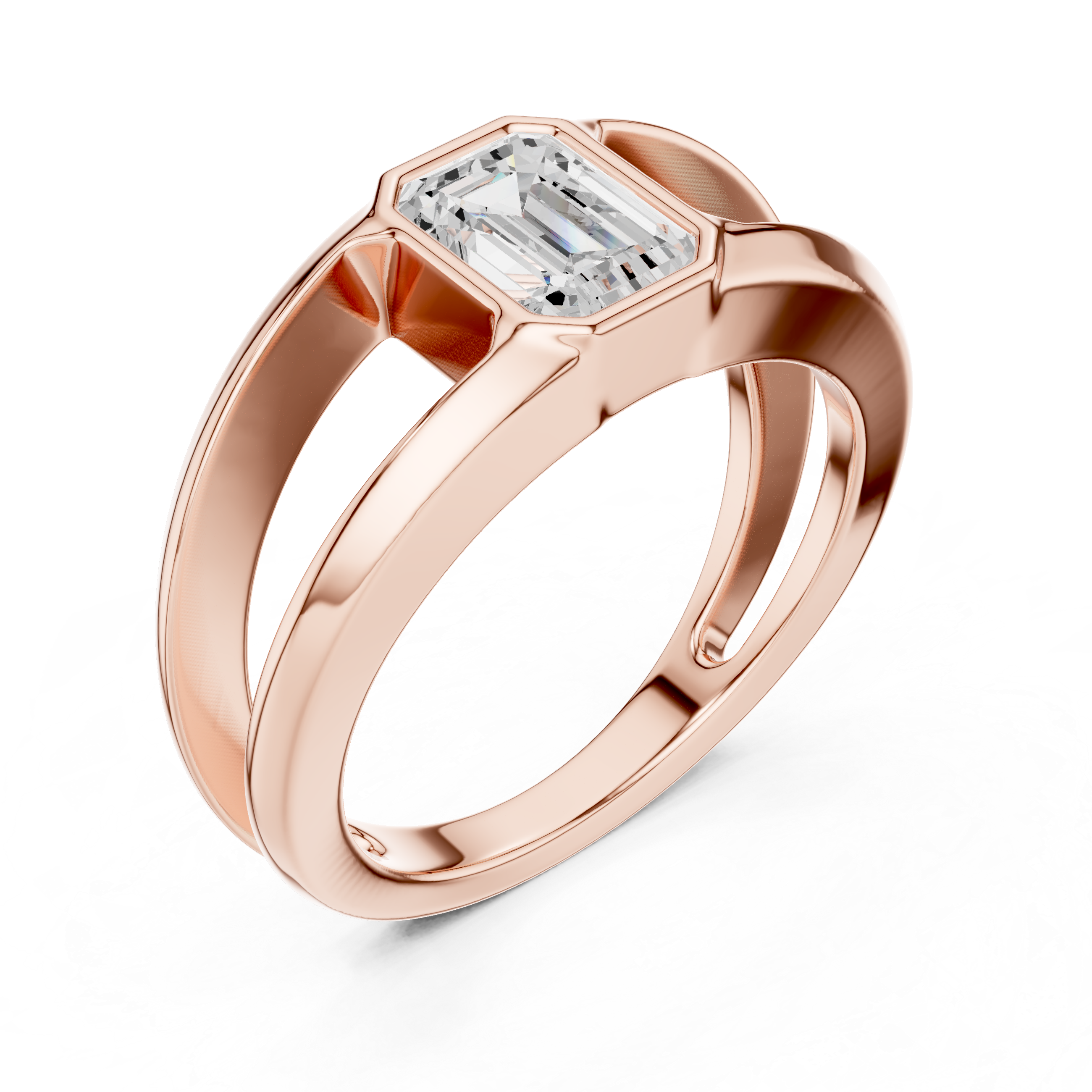 Emerald Cut Diamond Bezel Solitaire Structured Band Ring