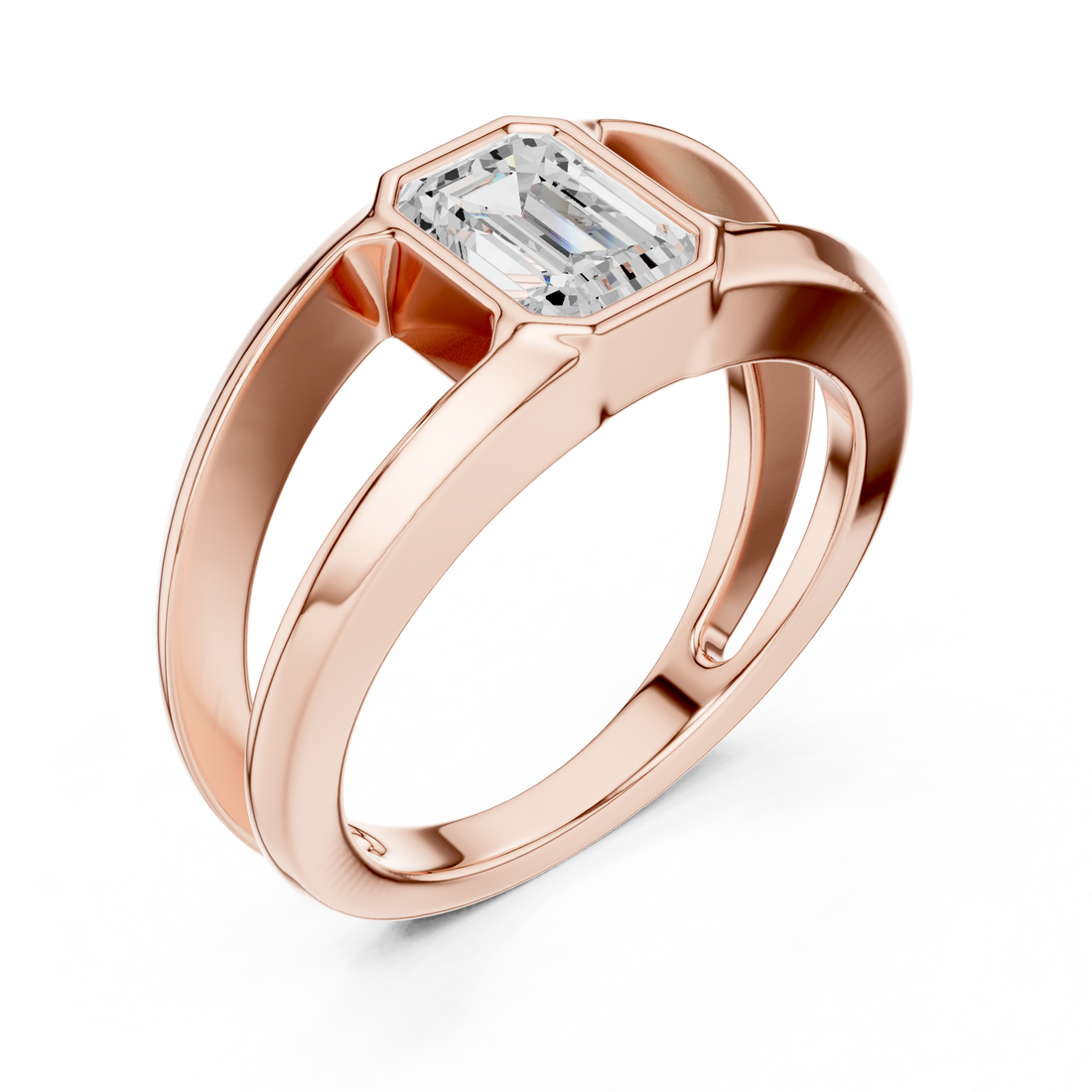 Emerald Cut Diamond Bezel Solitaire Structured Band Ring