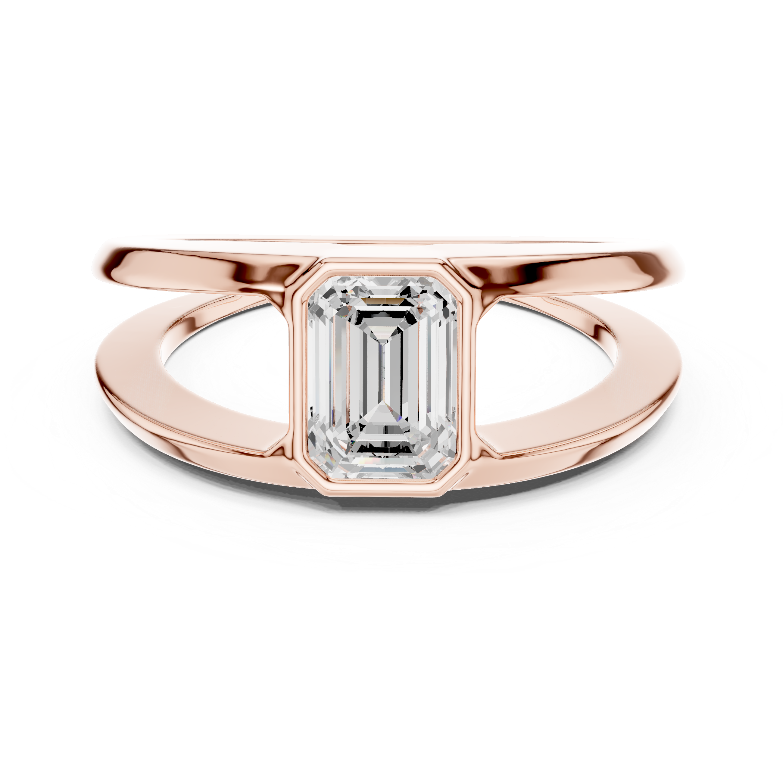 Emerald Cut Diamond Bezel Solitaire Structured Band Ring