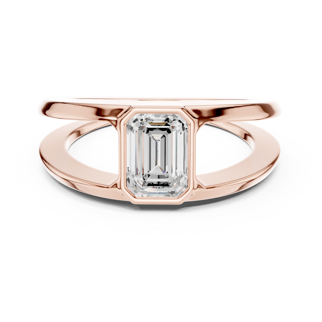 Emerald Cut Diamond Bezel Solitaire Structured Band Ring