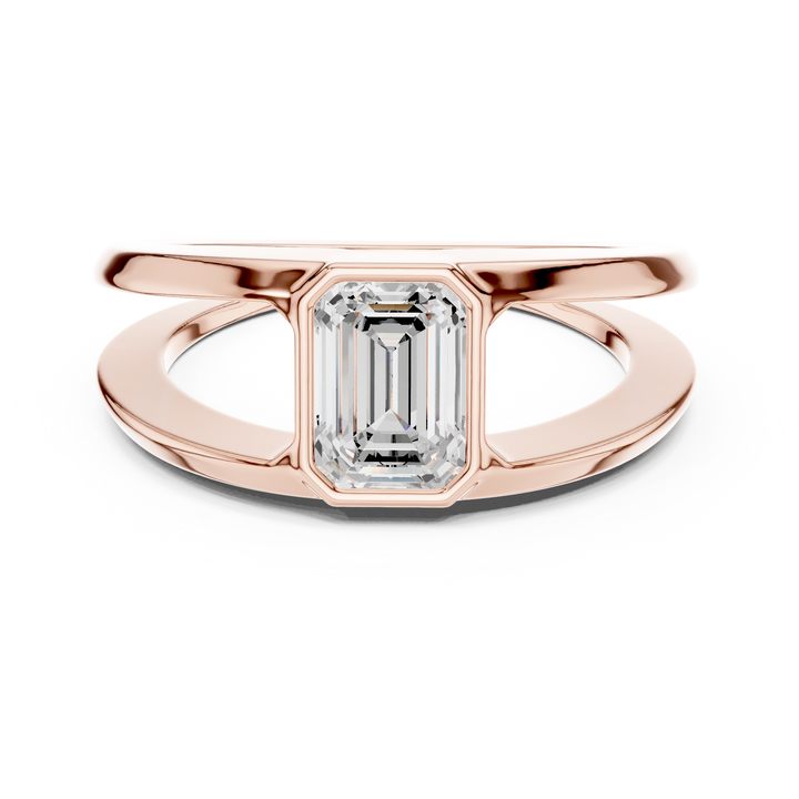 Emerald Cut Diamond Bezel Solitaire Structured Band Ring