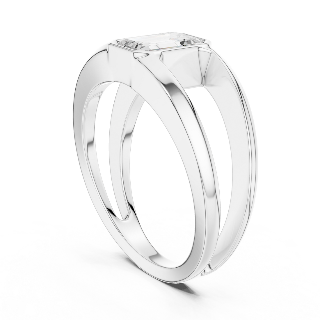Emerald Cut Diamond Bezel Solitaire Structured Band Ring