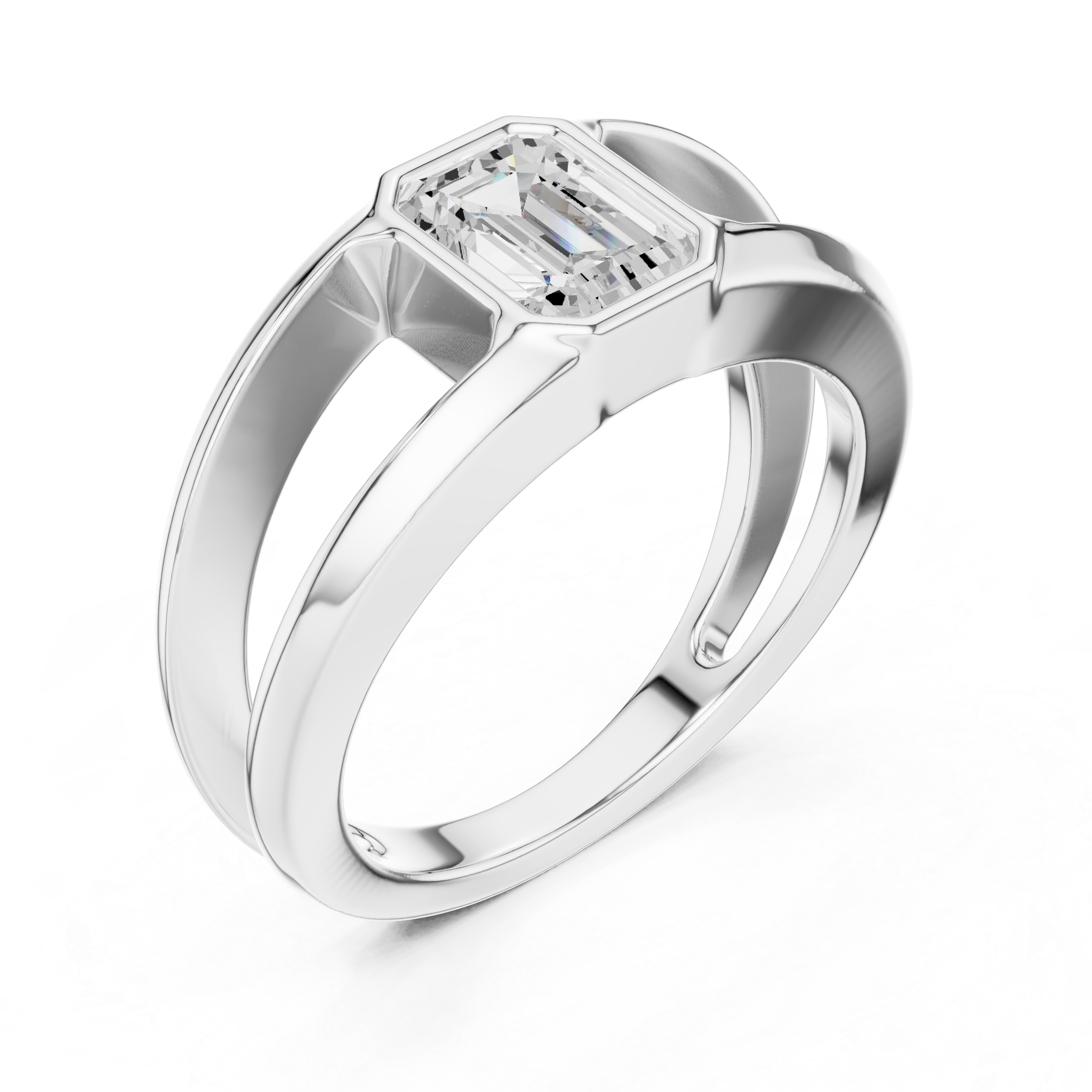 Emerald Cut Diamond Bezel Solitaire Structured Band Ring