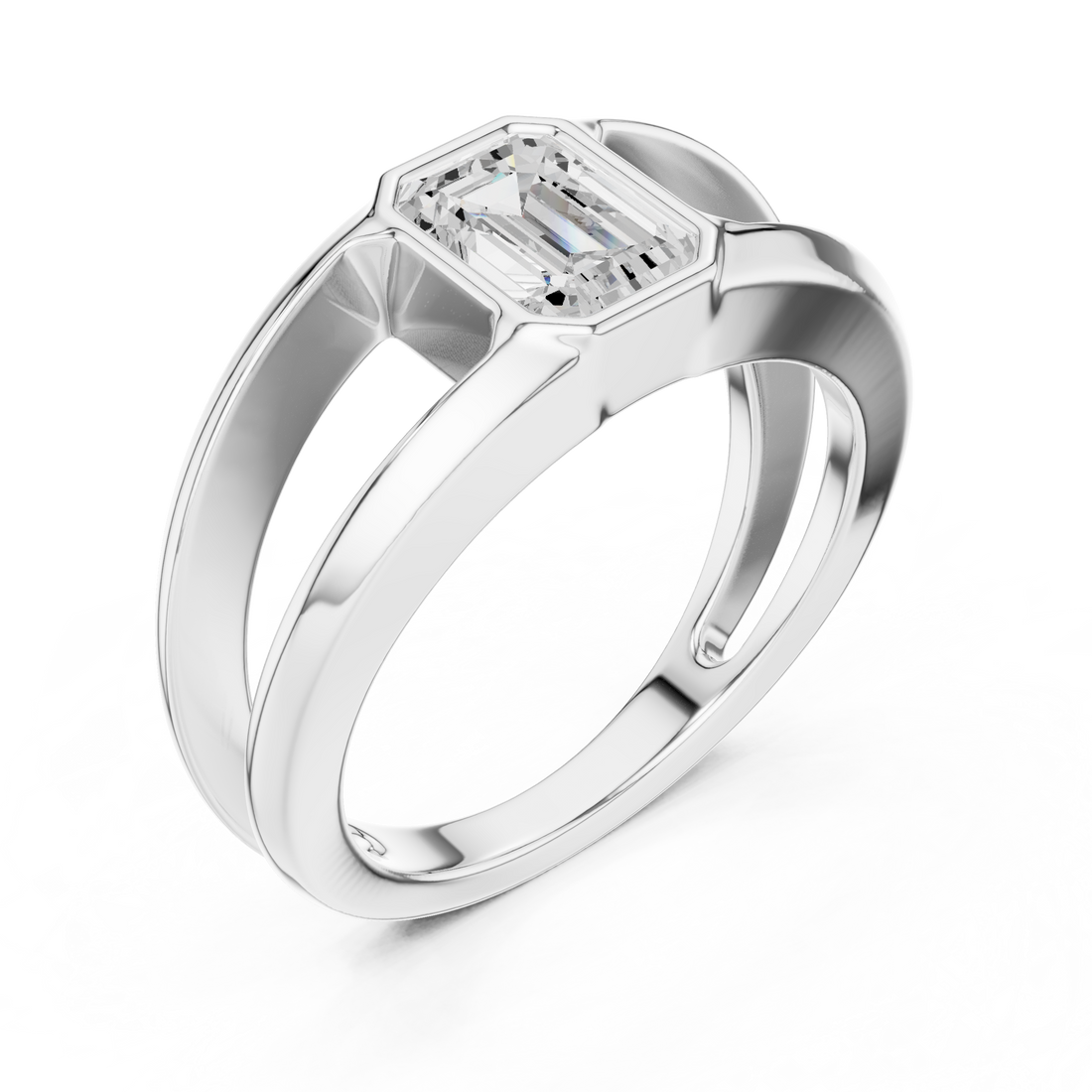 Emerald Cut Diamond Bezel Solitaire Structured Band Ring