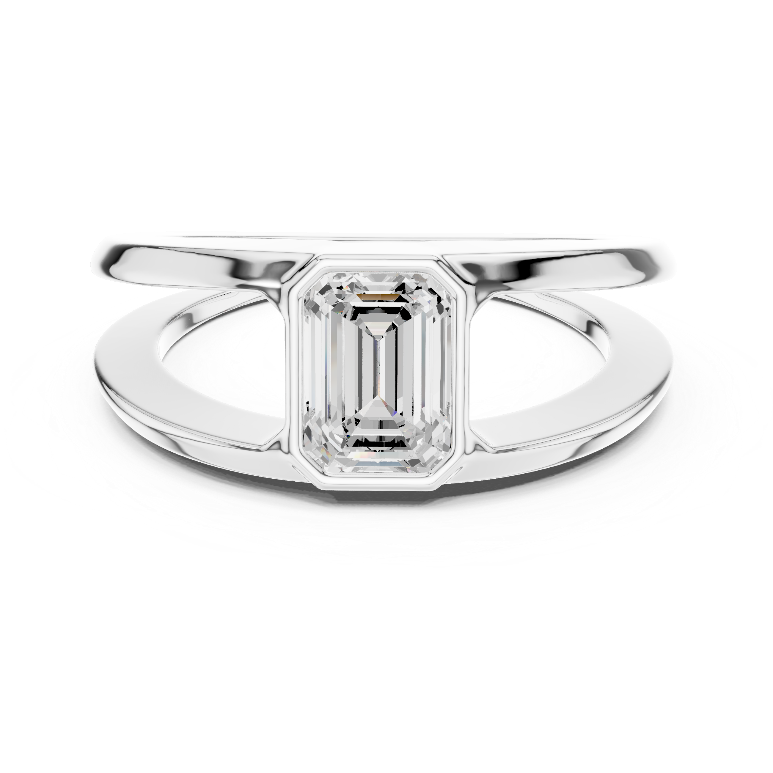 Emerald Cut Diamond Bezel Solitaire Structured Band Ring