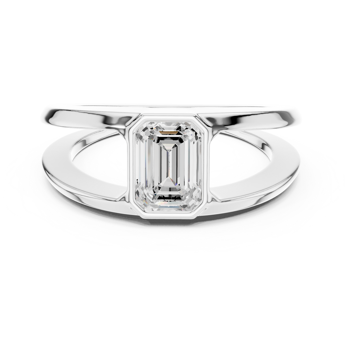 Emerald Cut Diamond Bezel Solitaire Structured Band Ring