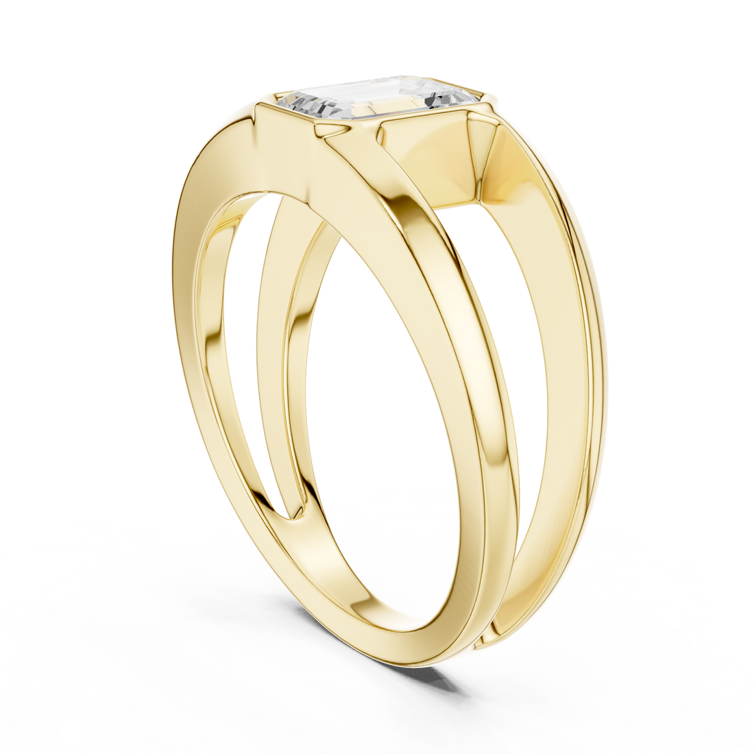 Emerald Cut Diamond Bezel Solitaire Structured Band Ring