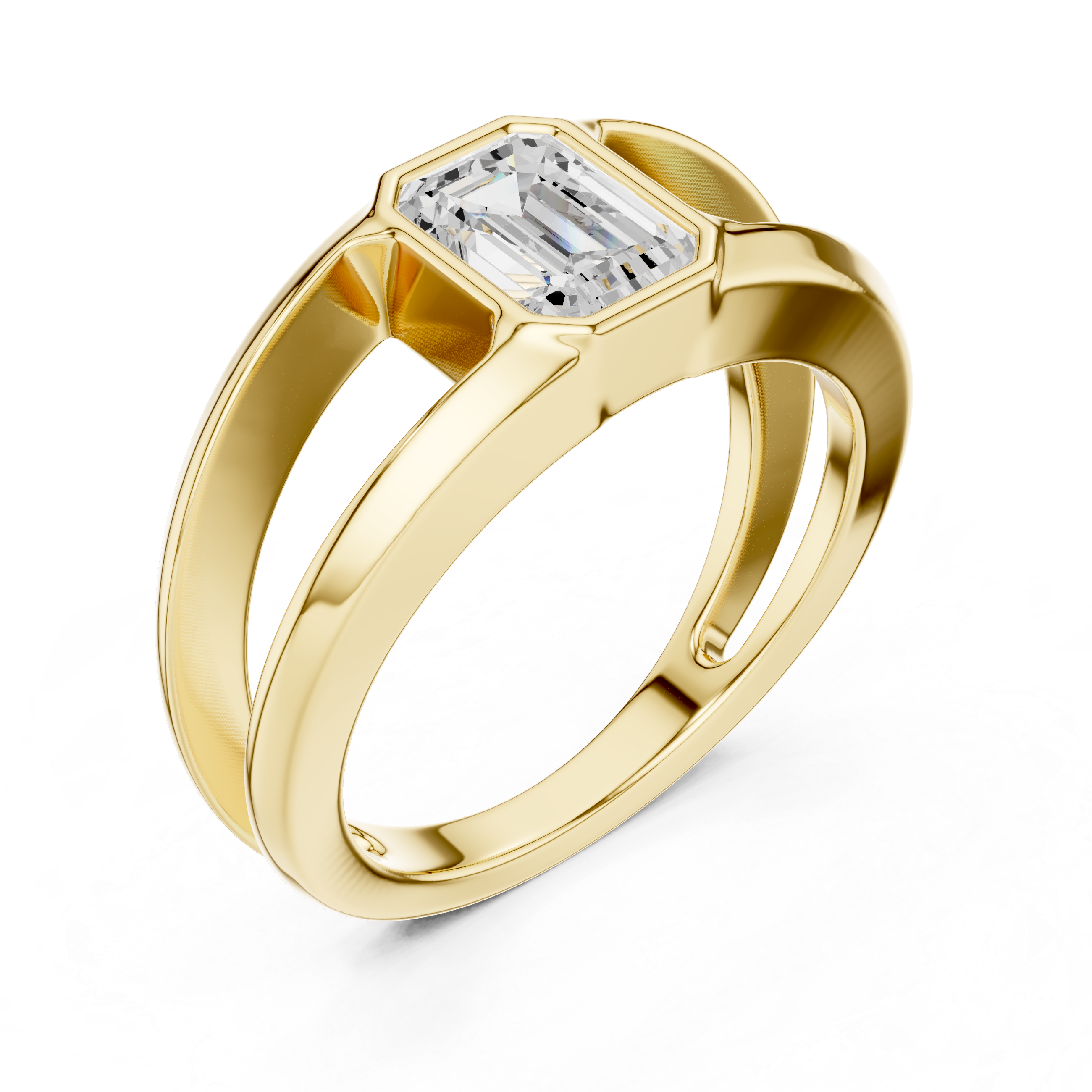 Emerald Cut Diamond Bezel Solitaire Structured Band Ring