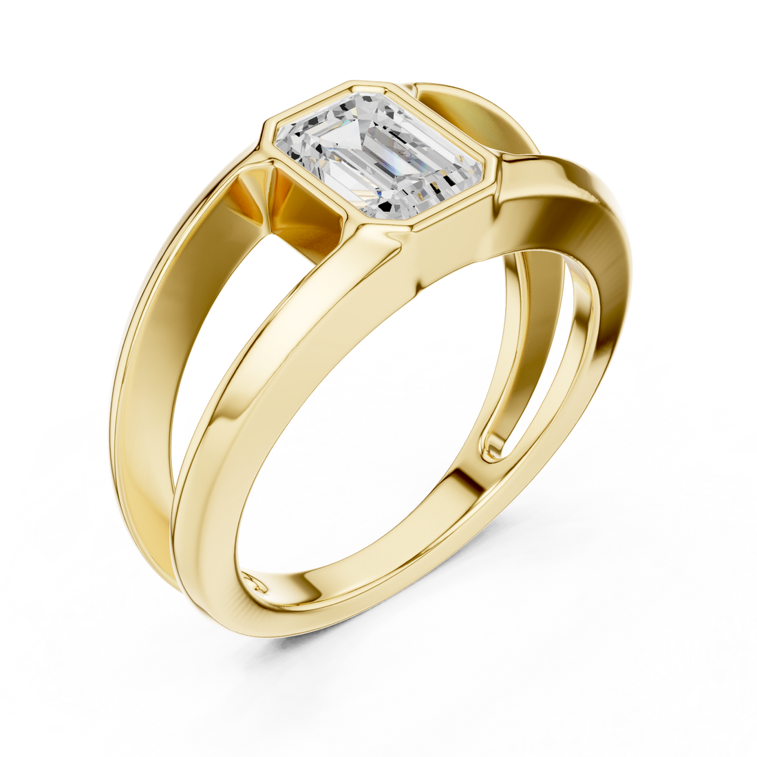 Emerald Cut Diamond Bezel Solitaire Structured Band Ring