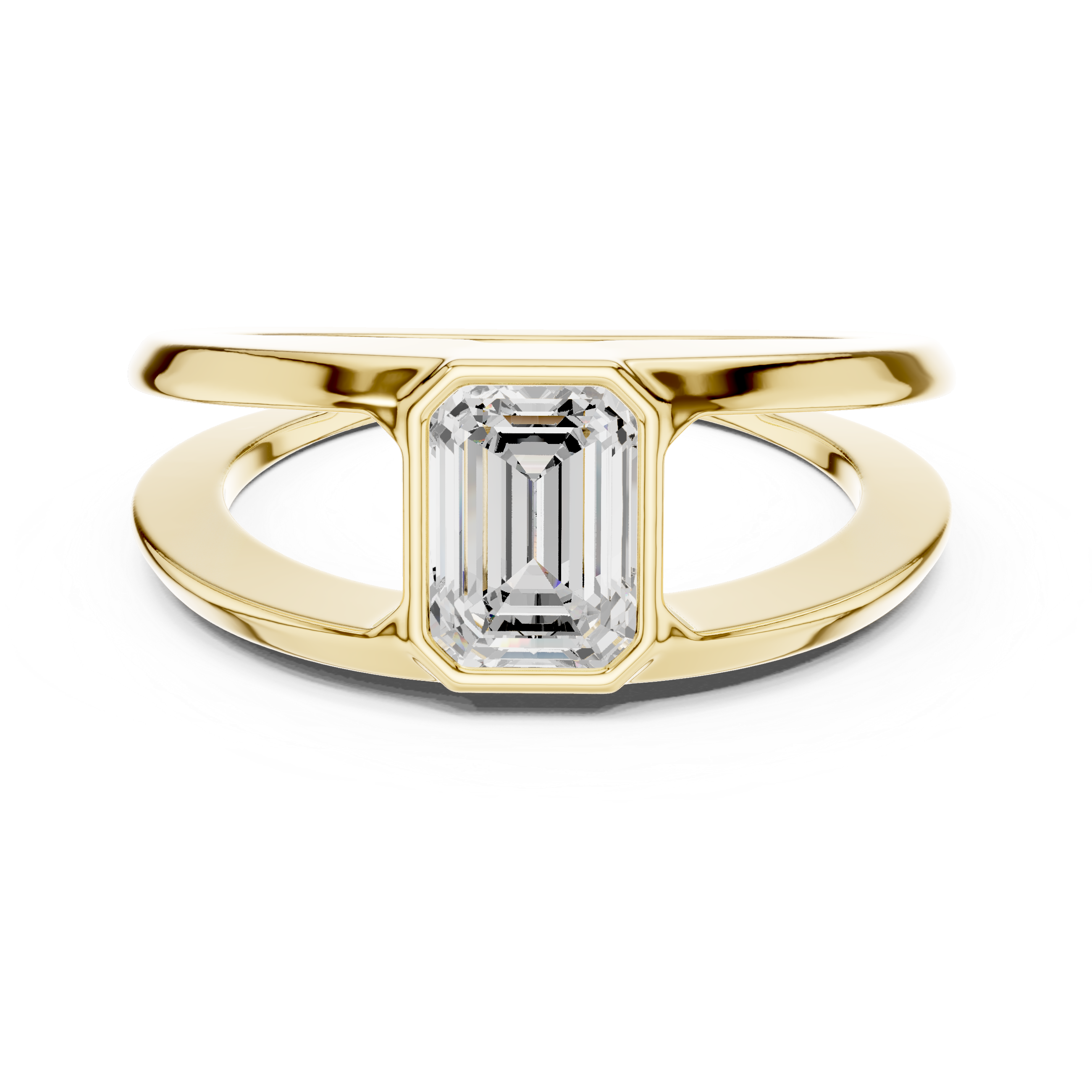 Emerald Cut Diamond Bezel Solitaire Structured Band Ring