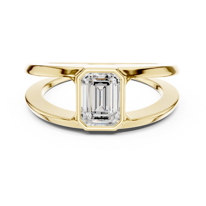 Emerald Cut Diamond Bezel Solitaire Structured Band Ring
