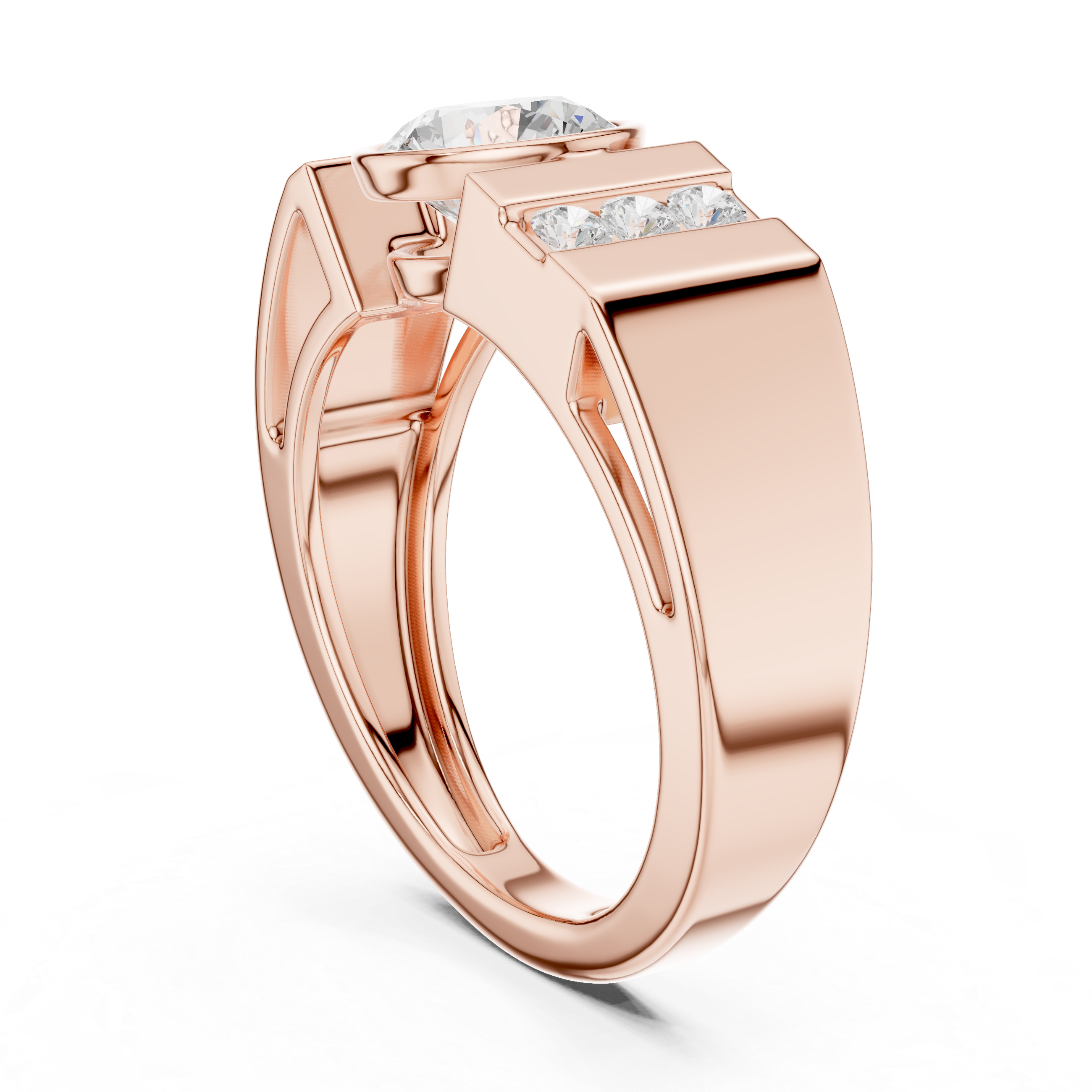 Bold Round Diamond Bezel Center with Channel Side Stone Band Ring