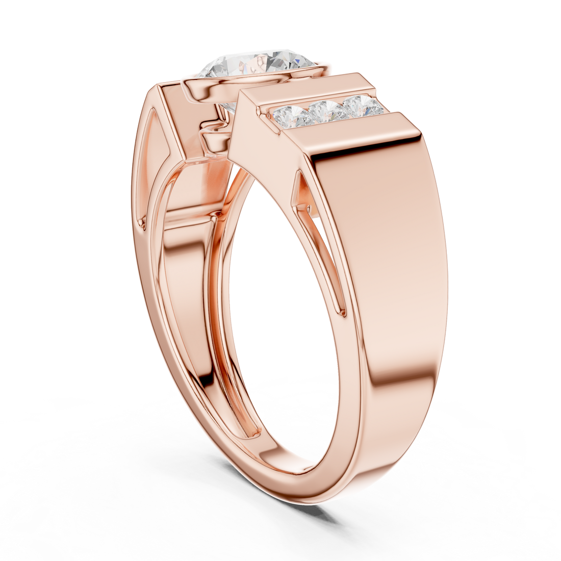 Bold Round Diamond Bezel Center with Channel Side Stone Band Ring