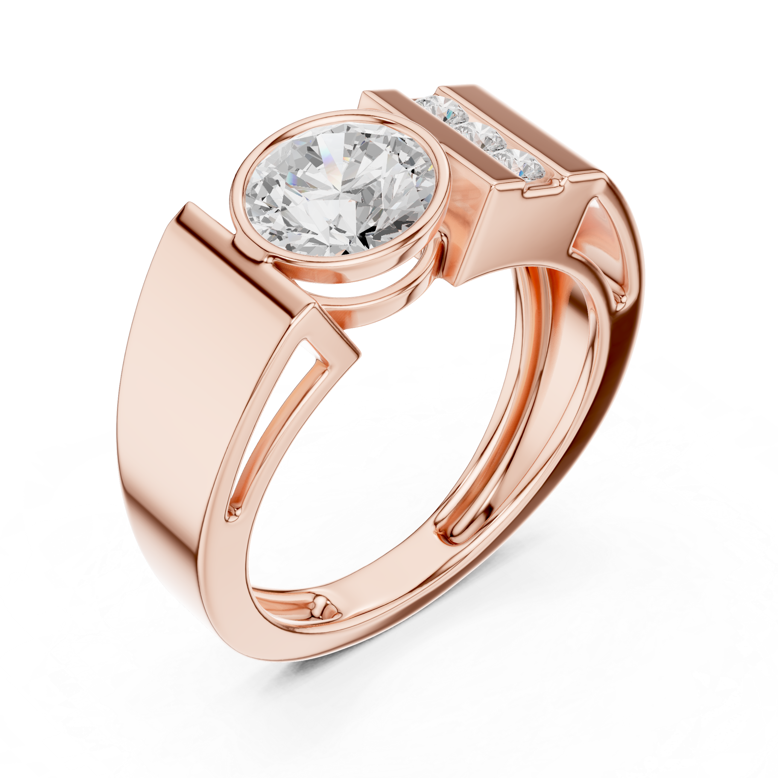 Bold Round Diamond Bezel Center with Channel Side Stone Band Ring