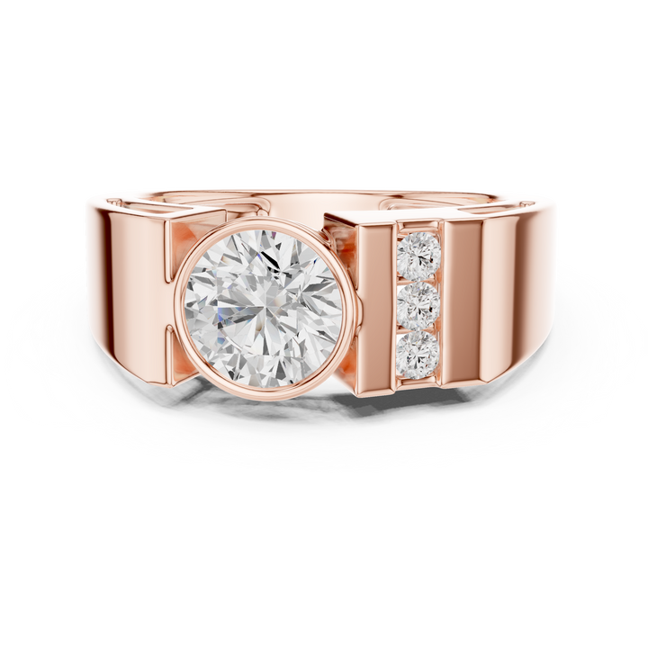 Bold Round Diamond Bezel Center with Channel Side Stone Band Ring