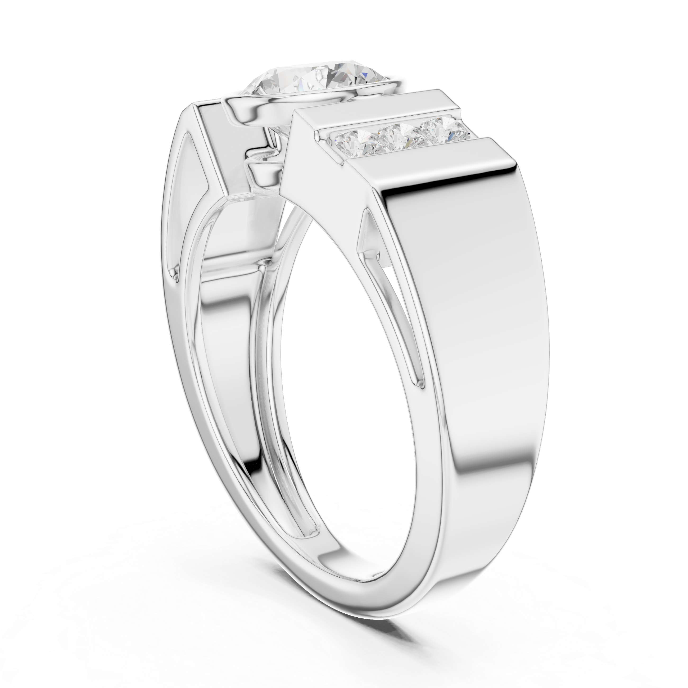Bold Round Diamond Bezel Center with Channel Side Stone Band Ring