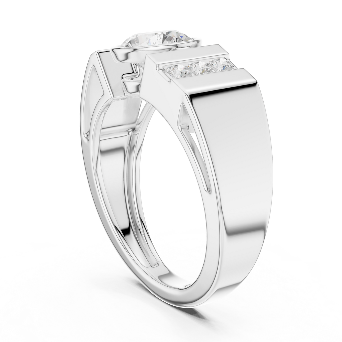 Bold Round Diamond Bezel Center with Channel Side Stone Band Ring