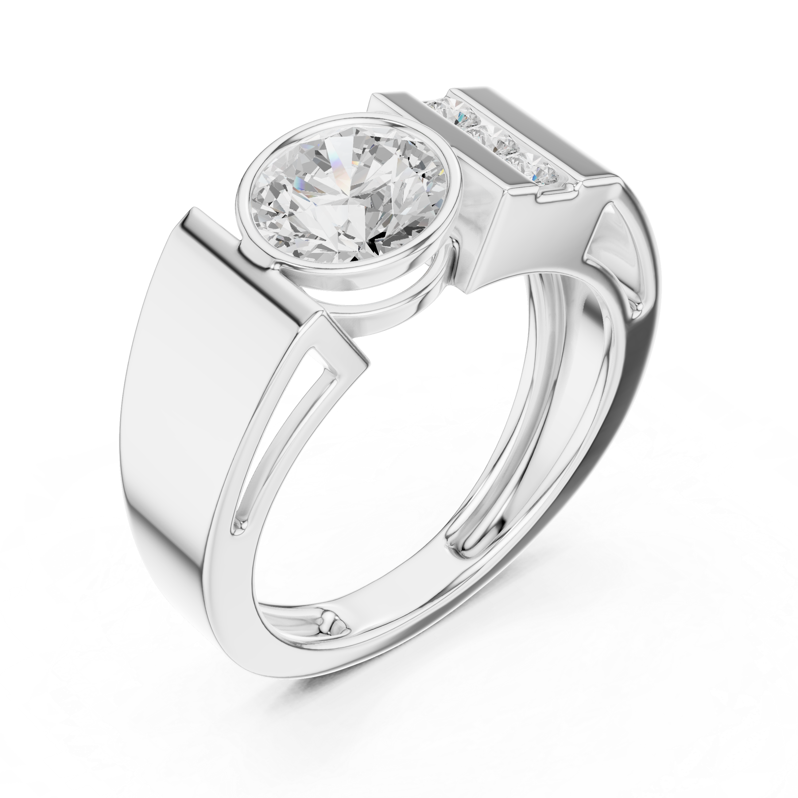 Bold Round Diamond Bezel Center with Channel Side Stone Band Ring