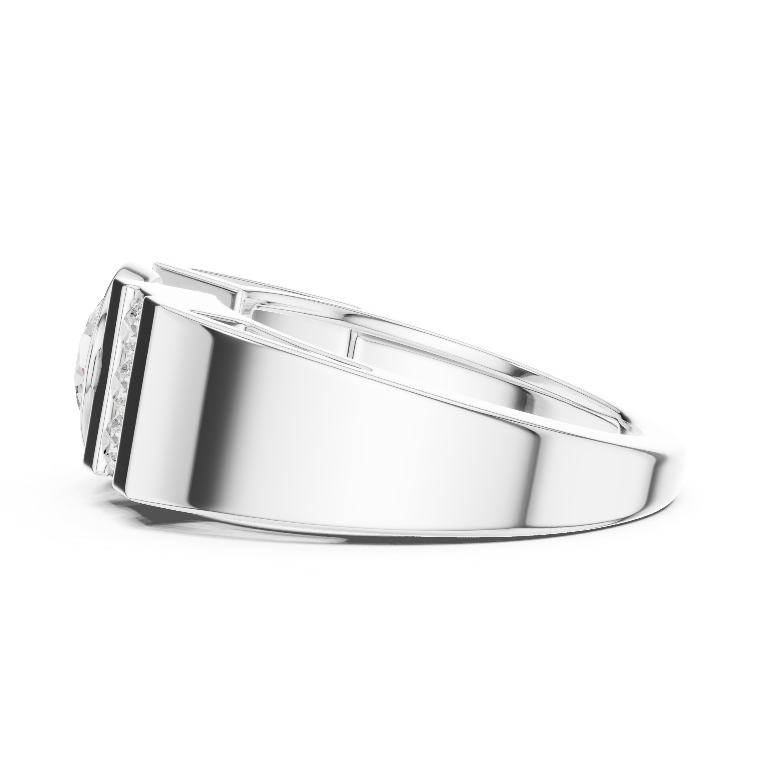 Bold Round Diamond Bezel Center with Channel Side Stone Band Ring