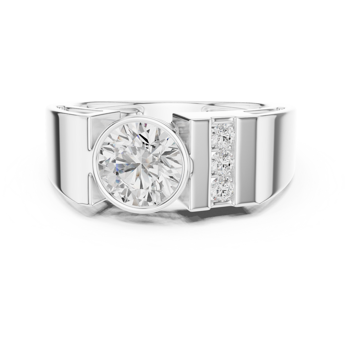 Bold Round Diamond Bezel Center with Channel Side Stone Band Ring
