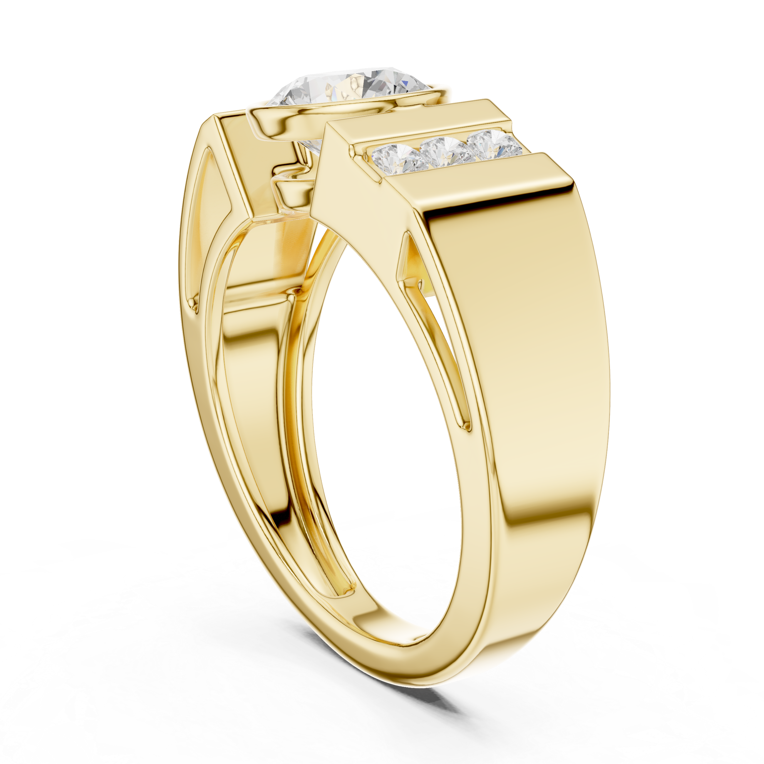 Bold Round Diamond Bezel Center with Channel Side Stone Band Ring