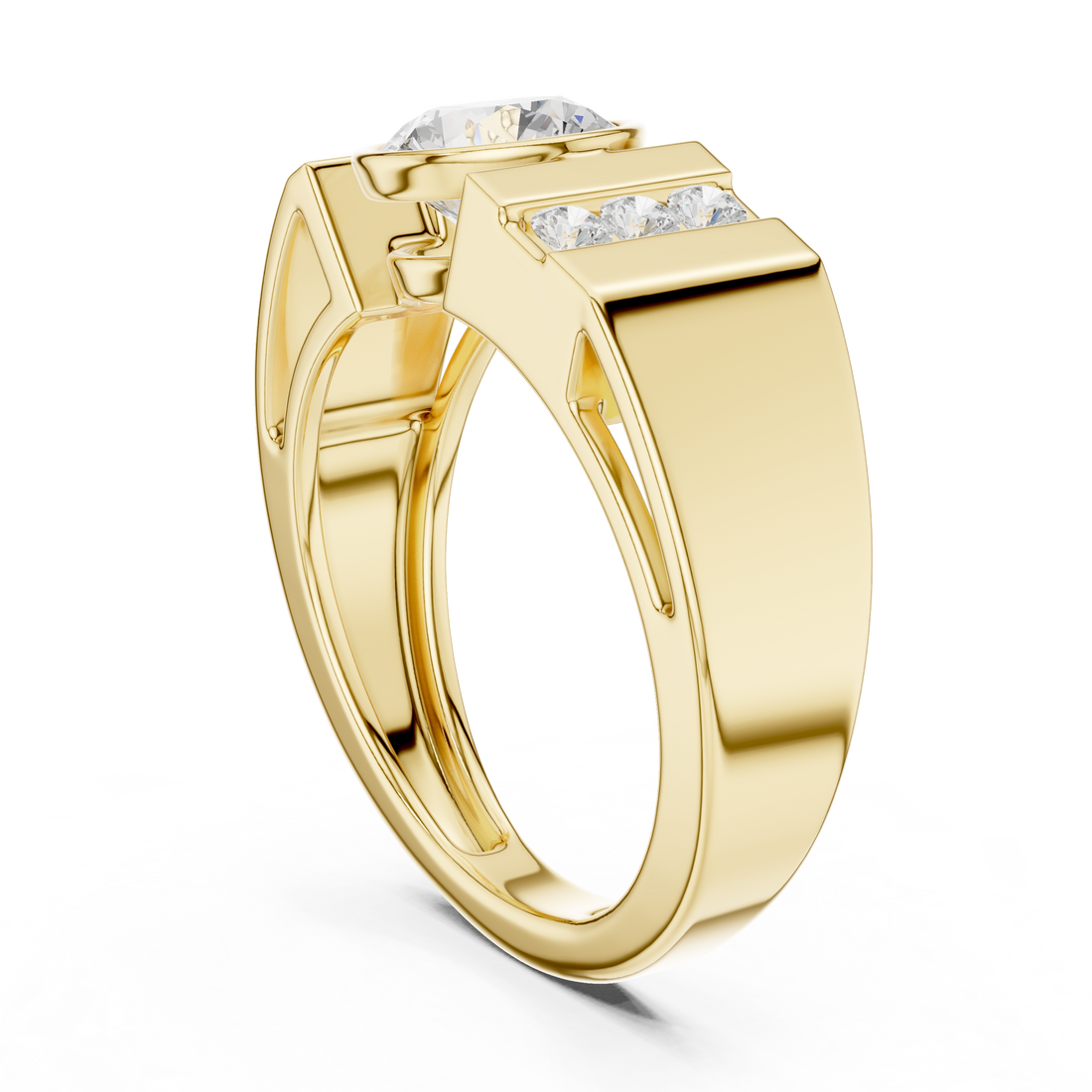 Bold Round Diamond Bezel Center with Channel Side Stone Band Ring