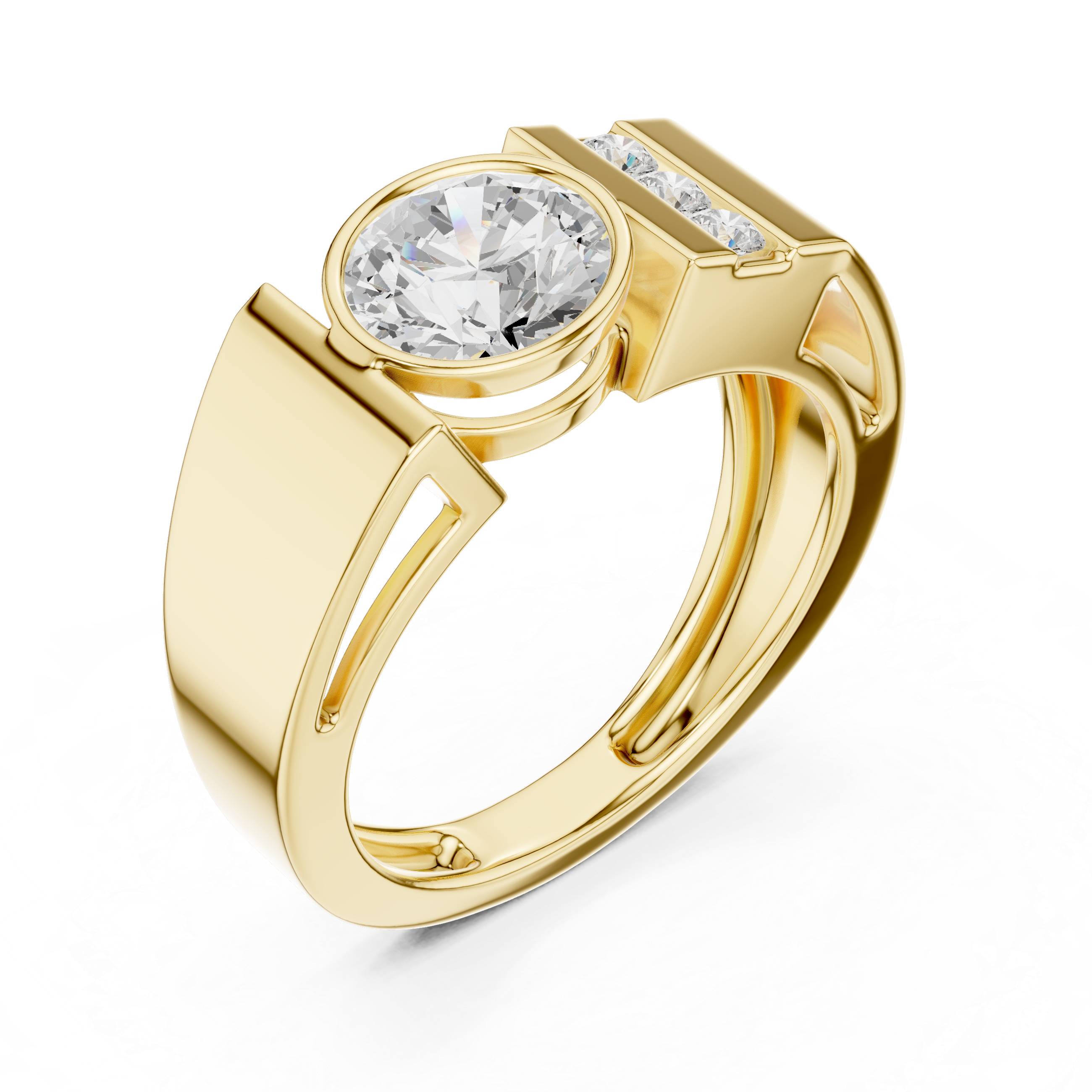 Bold Round Diamond Bezel Center with Channel Side Stone Band Ring