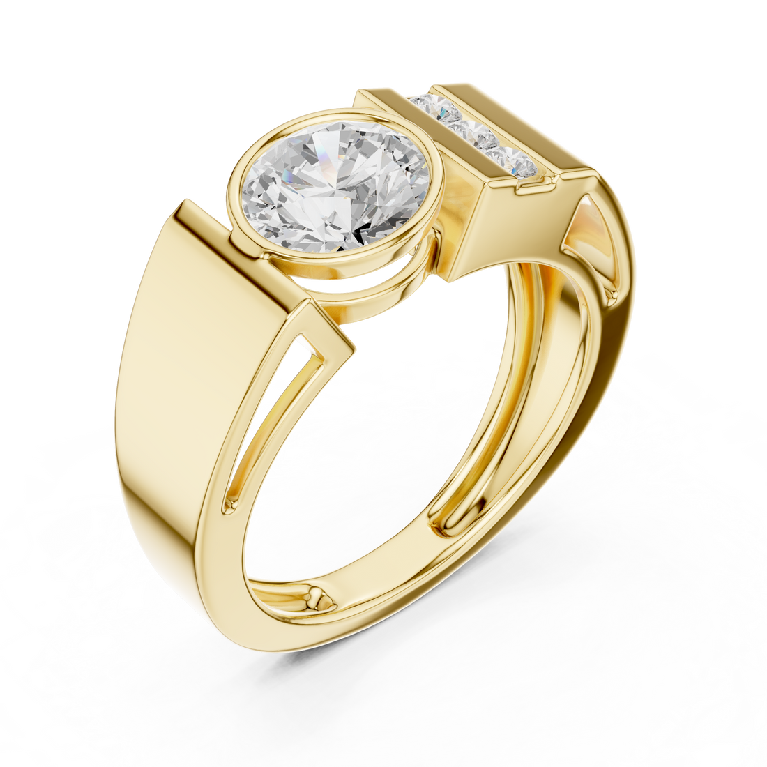Bold Round Diamond Bezel Center with Channel Side Stone Band Ring