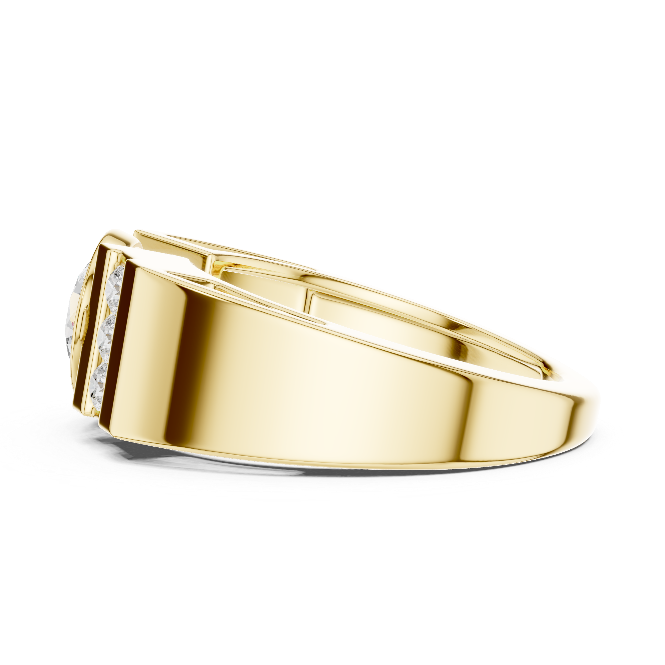 Bold Round Diamond Bezel Center with Channel Side Stone Band Ring