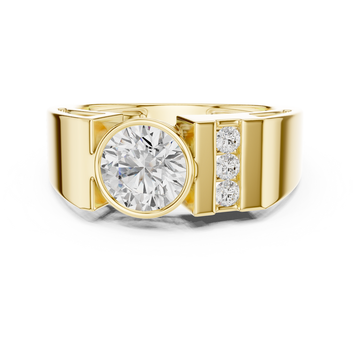 Bold Round Diamond Bezel Center with Channel Side Stone Band Ring