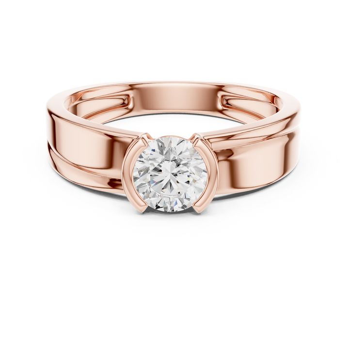 Round Cut Diamond Half Bezel Solitaire Band with Modern Split Shoulder Design