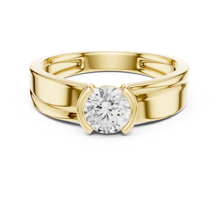 Round Cut Diamond Half Bezel Solitaire Band with Modern Split Shoulder Design
