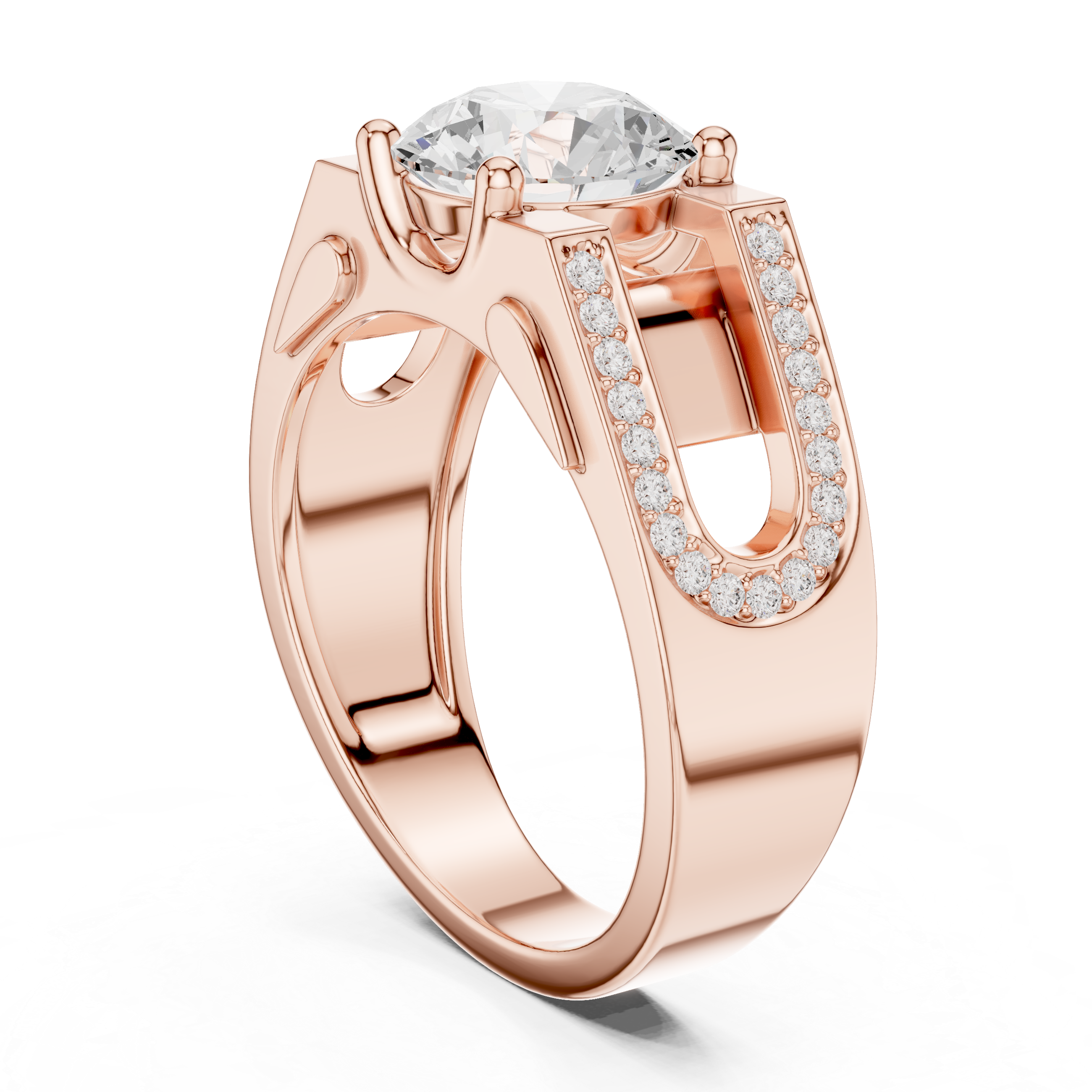 Round Diamond Solitaire Ring with Pavé Side Detail Structured Band