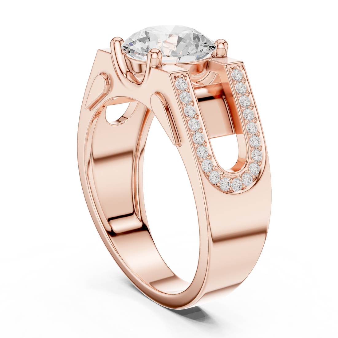 Round Diamond Solitaire Ring with Pavé Side Detail Structured Band