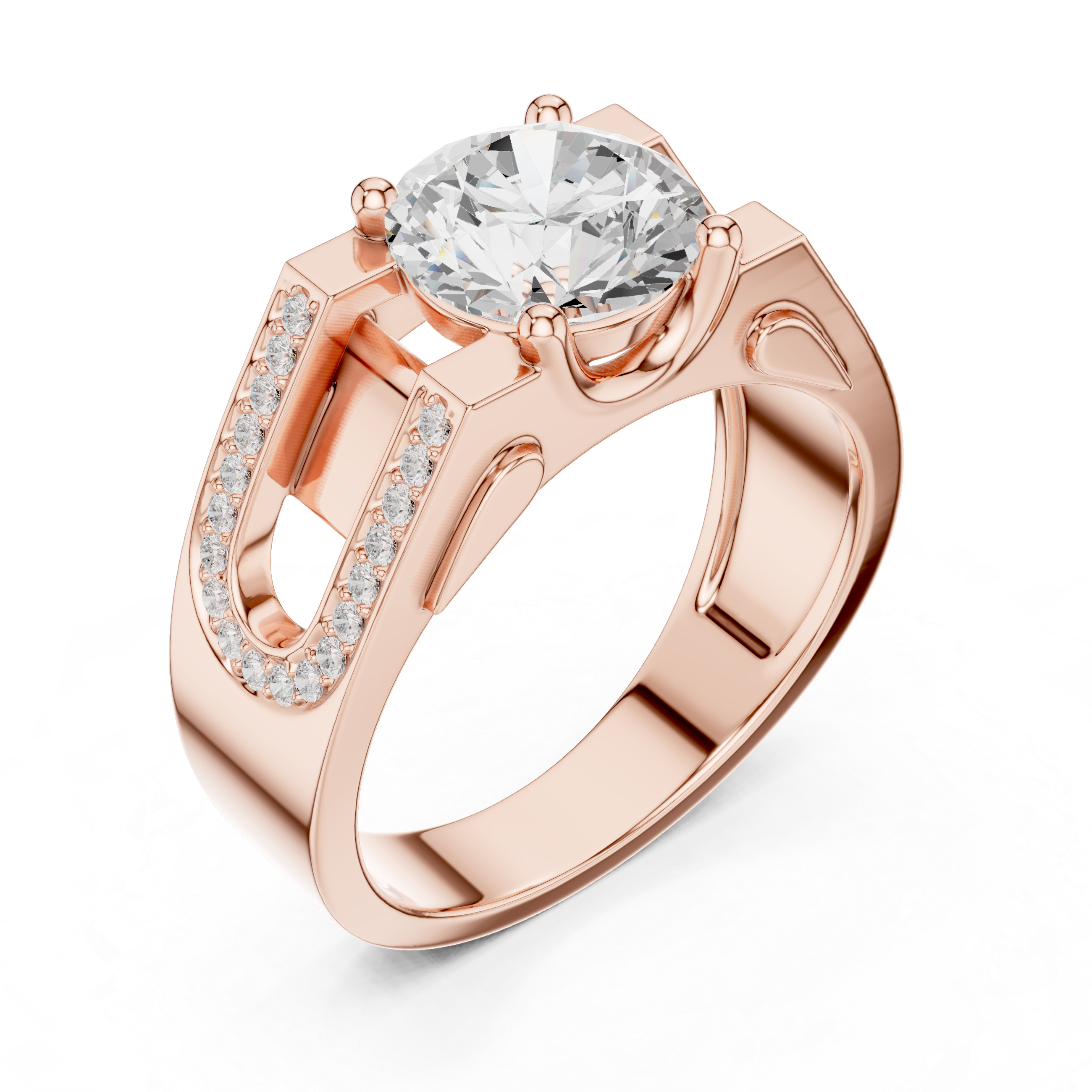 Round Diamond Solitaire Ring with Pavé Side Detail Structured Band