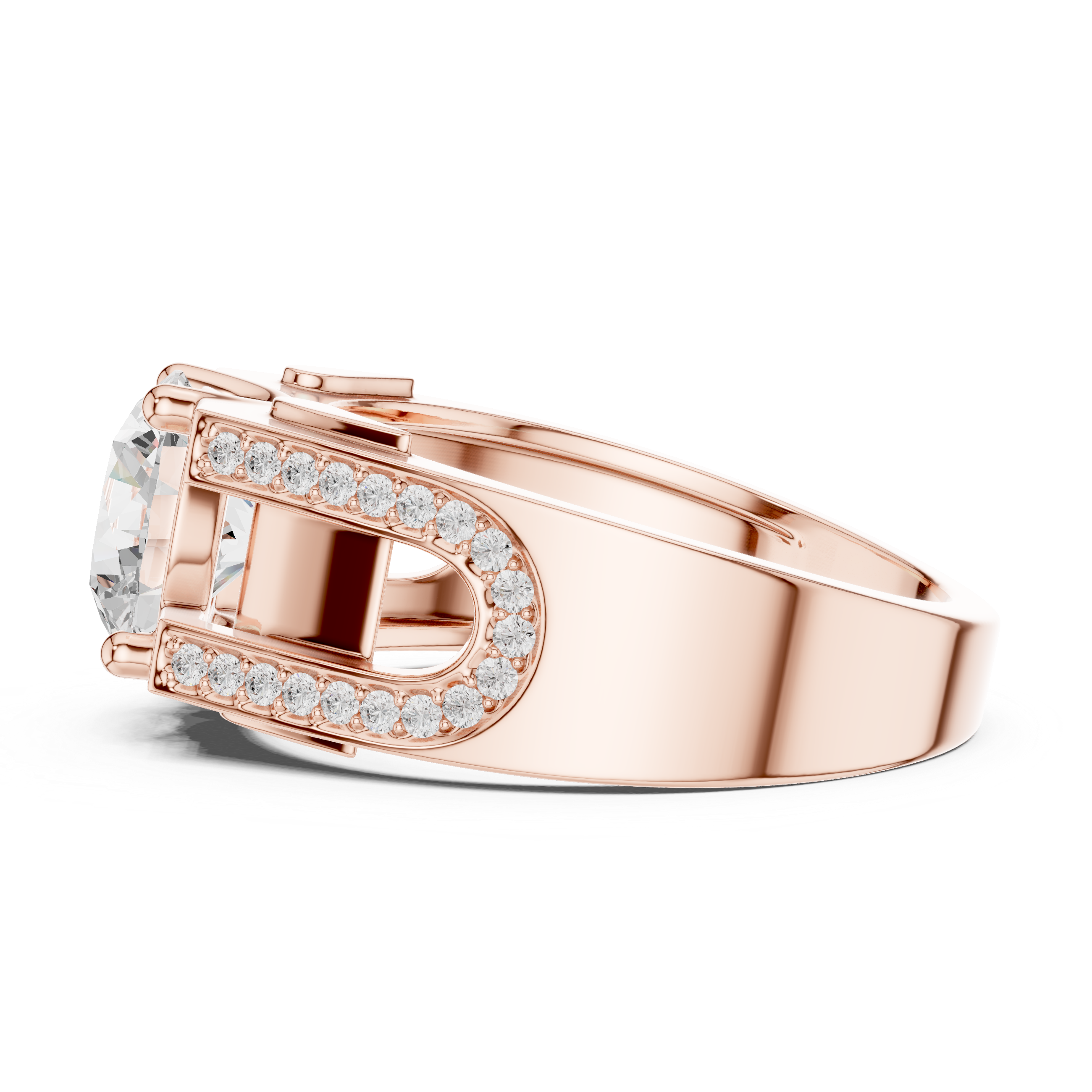 Round Diamond Solitaire Ring with Pavé Side Detail Structured Band