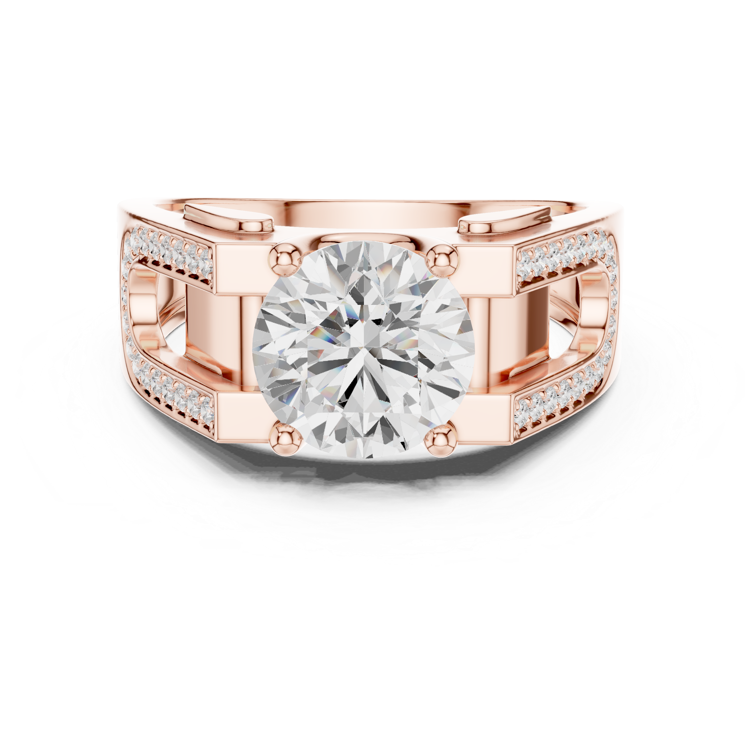 Round Diamond Solitaire Ring with Pavé Side Detail Structured Band