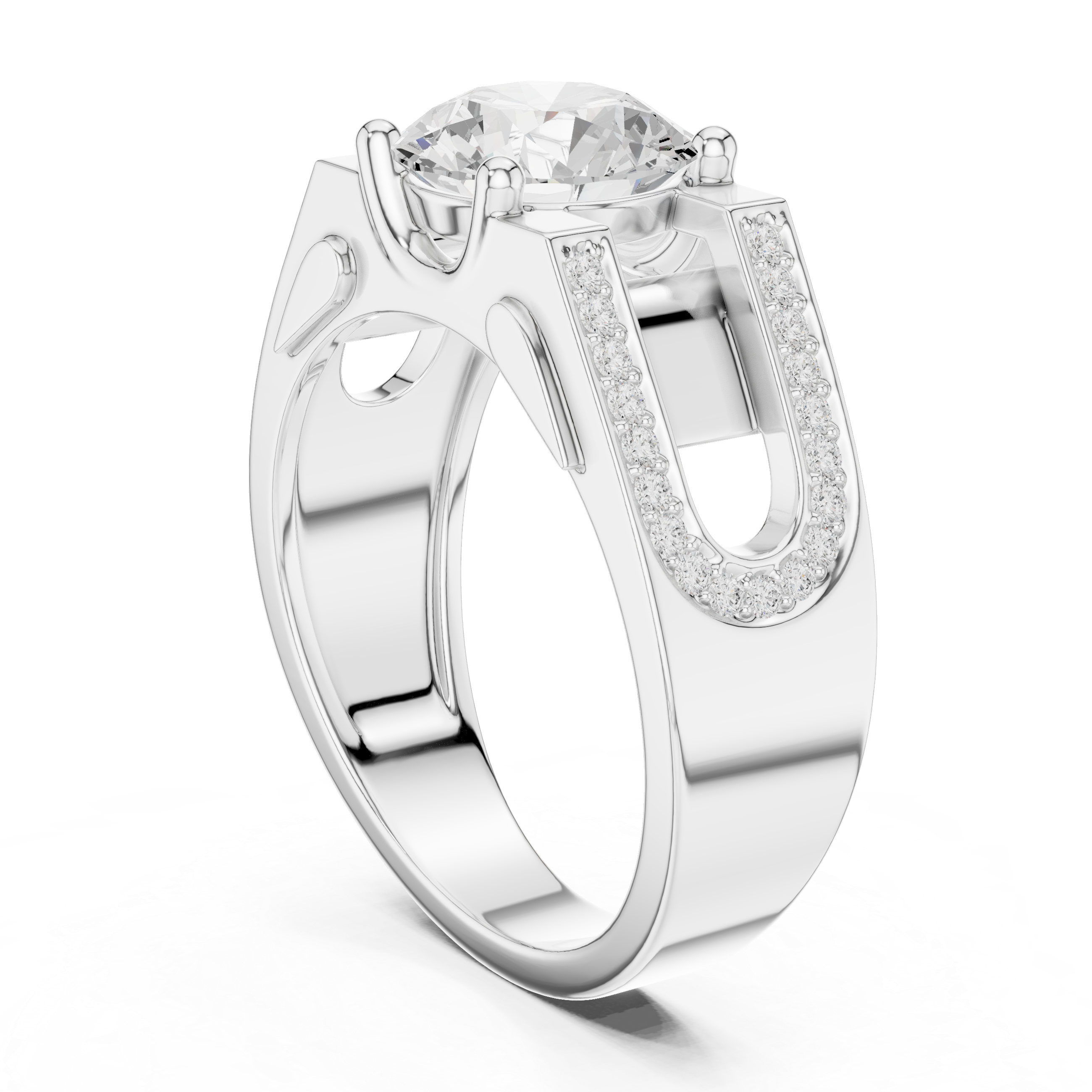 Round Diamond Solitaire Ring with Pavé Side Detail Structured Band