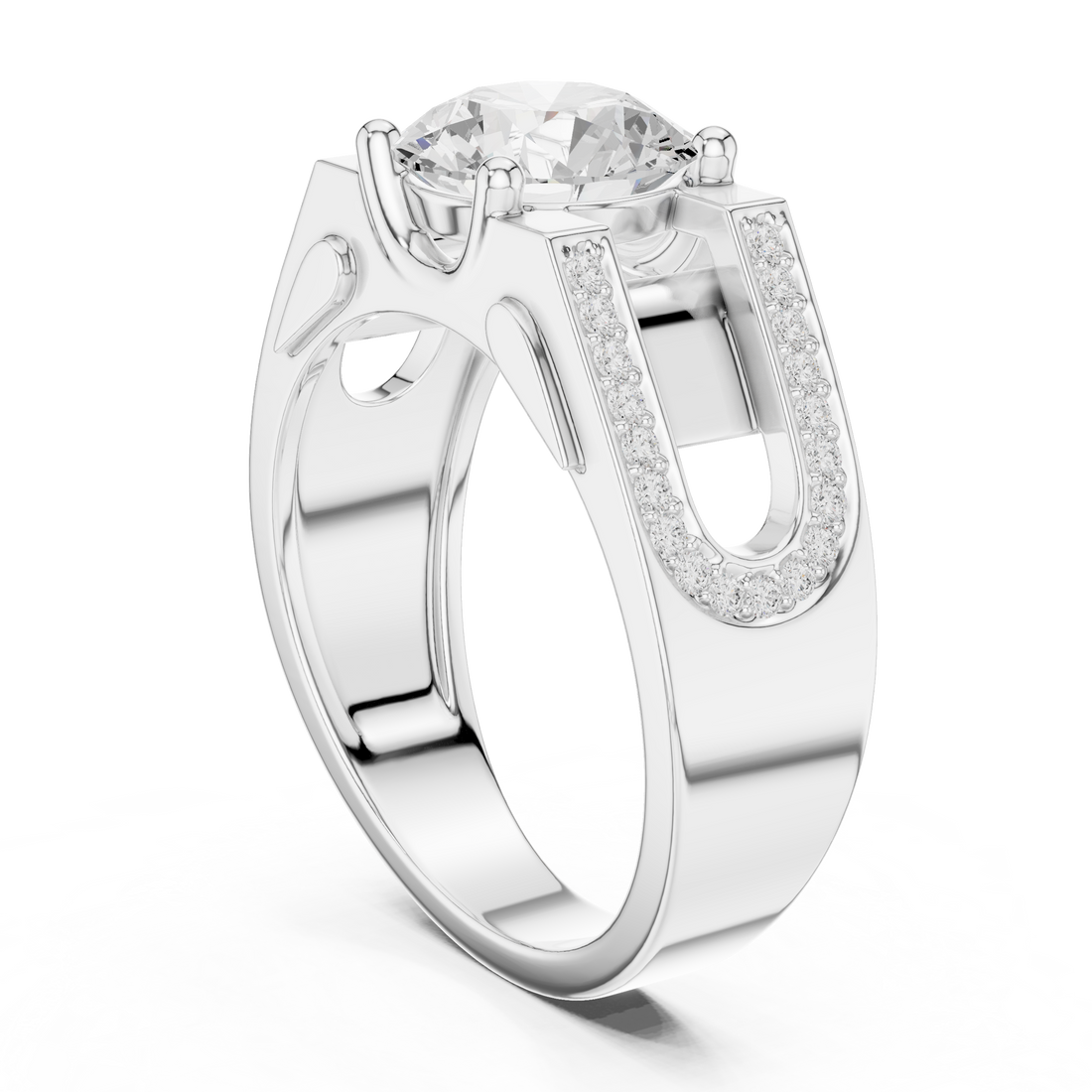 Round Diamond Solitaire Ring with Pavé Side Detail Structured Band
