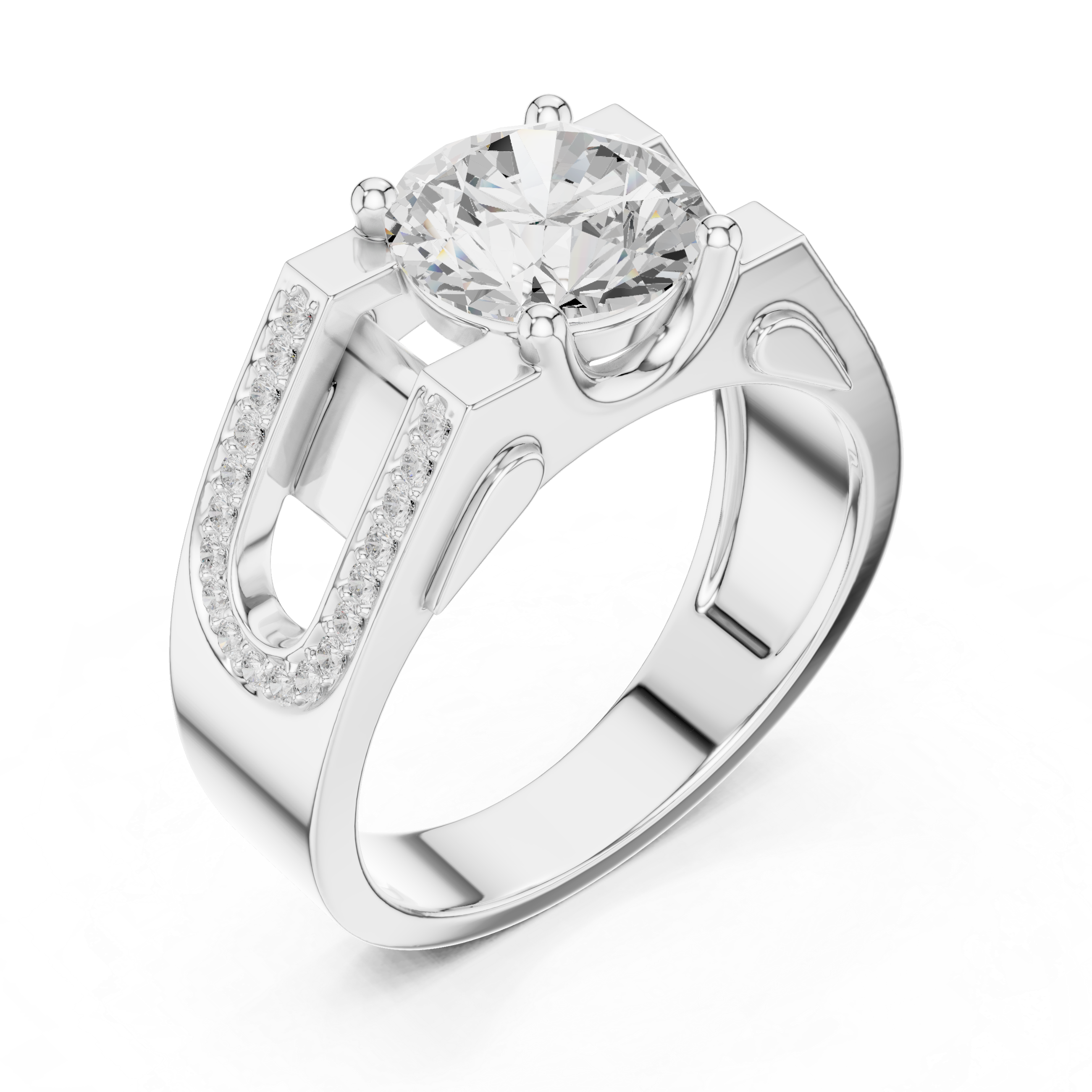 Round Diamond Solitaire Ring with Pavé Side Detail Structured Band