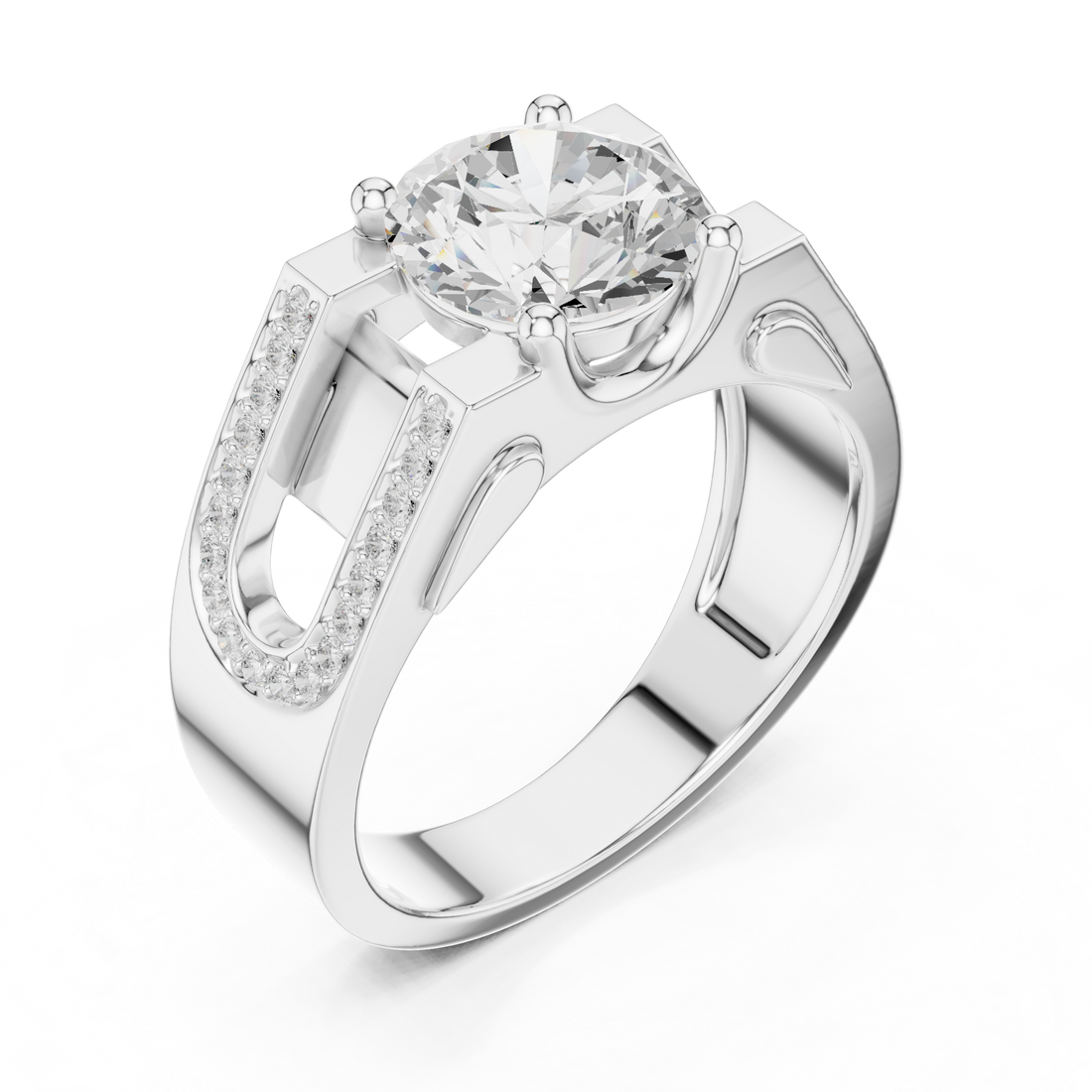 Round Diamond Solitaire Ring with Pavé Side Detail Structured Band