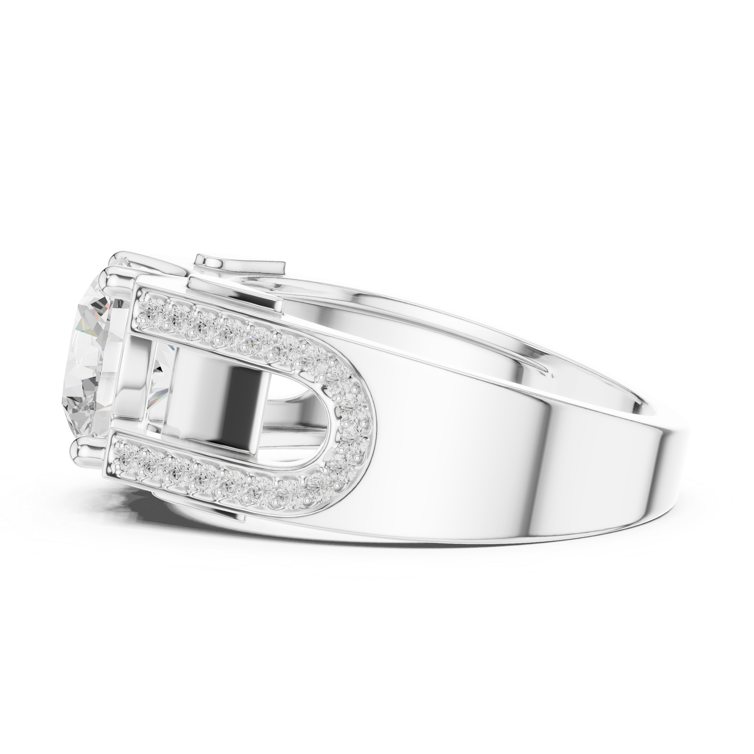 Round Diamond Solitaire Ring with Pavé Side Detail Structured Band