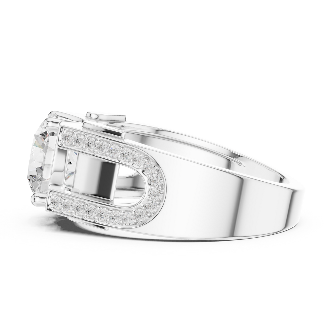 Round Diamond Solitaire Ring with Pavé Side Detail Structured Band