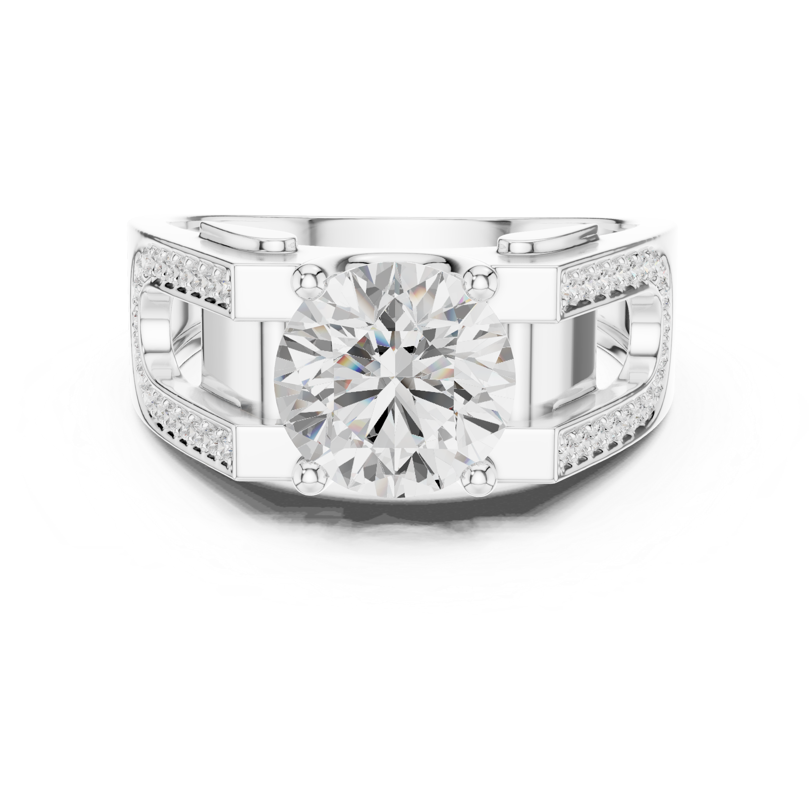 Round Diamond Solitaire Ring with Pavé Side Detail Structured Band