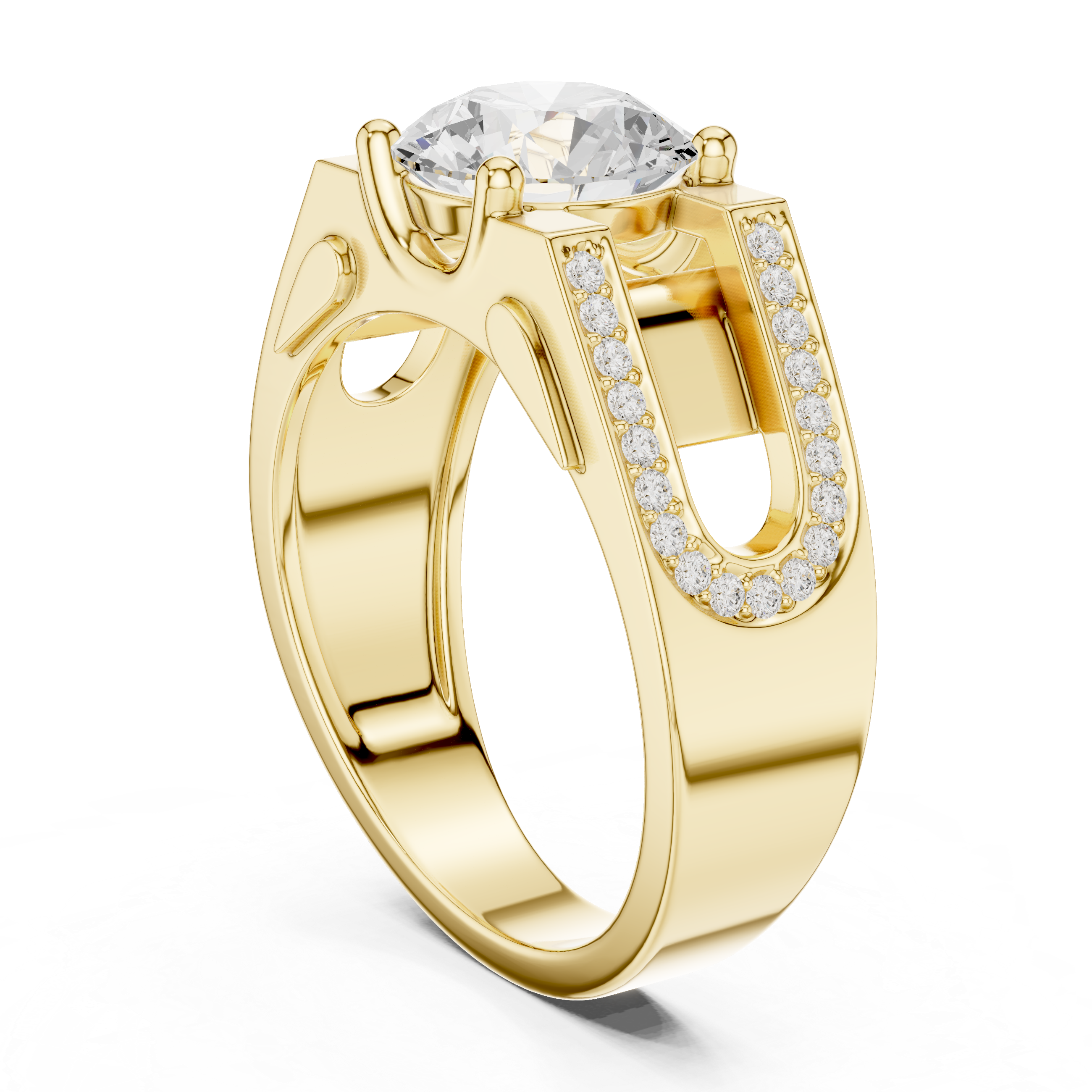 Round Diamond Solitaire Ring with Pavé Side Detail Structured Band