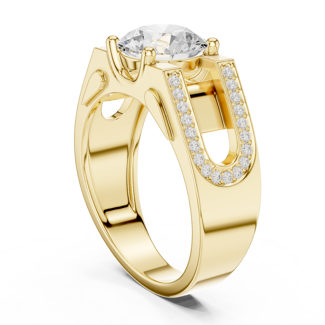 Round Diamond Solitaire Ring with Pavé Side Detail Structured Band