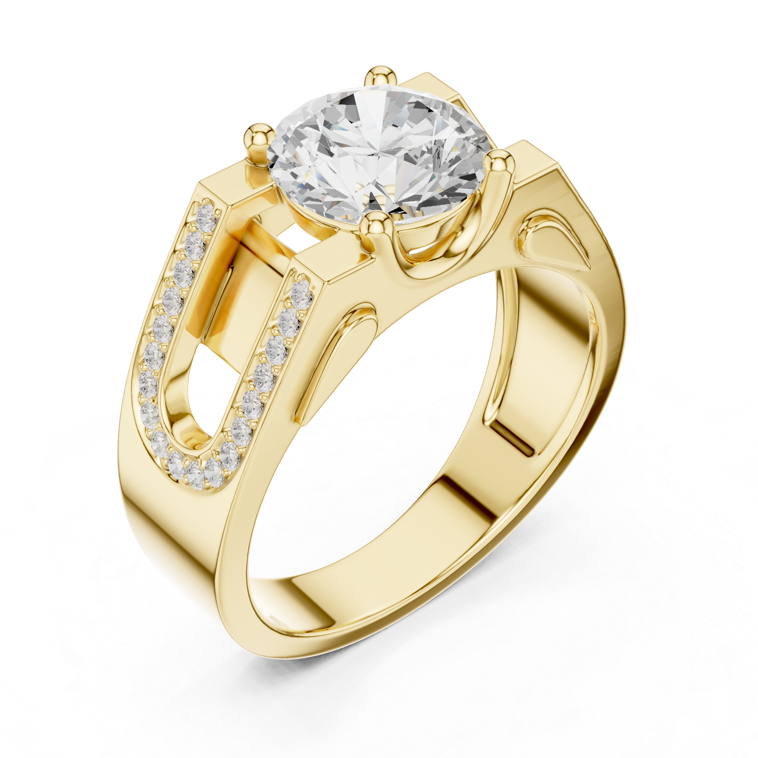Round Diamond Solitaire Ring with Pavé Side Detail Structured Band